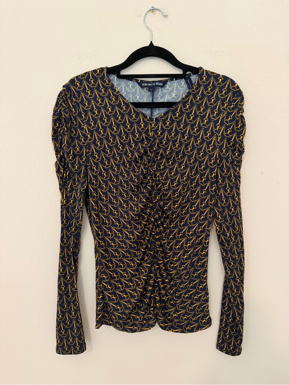 Veronica Beard Blue Gold Neeta Long Sleeve Top XS Ruched Preppy Equestrian